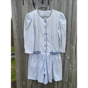 You Babes Vintage Blue White Striped Floral Trim Button Front Puff Sleeve Romper